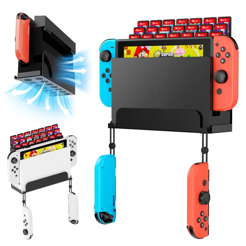 KUNSLUCK KUNSLCUK Wall Mount for Switch and Switch OLED, Metal Wall Mount Stand Accessories with 28 Game Cards Holder and 2 Joy-Con Hooks, Safely Mount Your Switch on Wall Near TV (Black) - Image 1